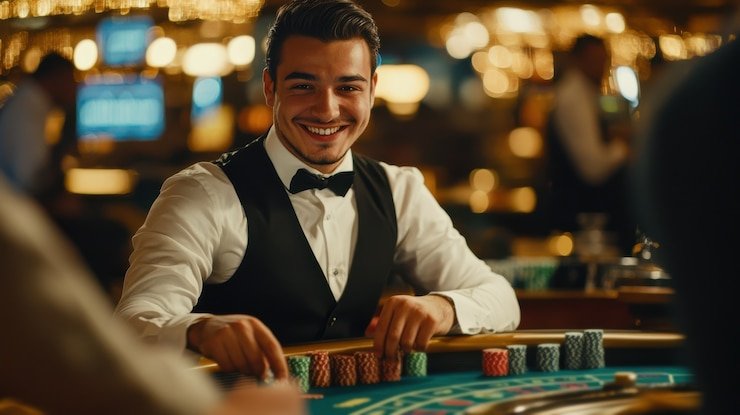 Live baccarat dealer and card table on dana55 slot